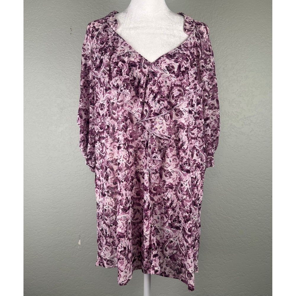 Siren Lily Paisley Top Size 2X Purple Ruffle V Neck Roll Tab Sleeve Blouse Boho